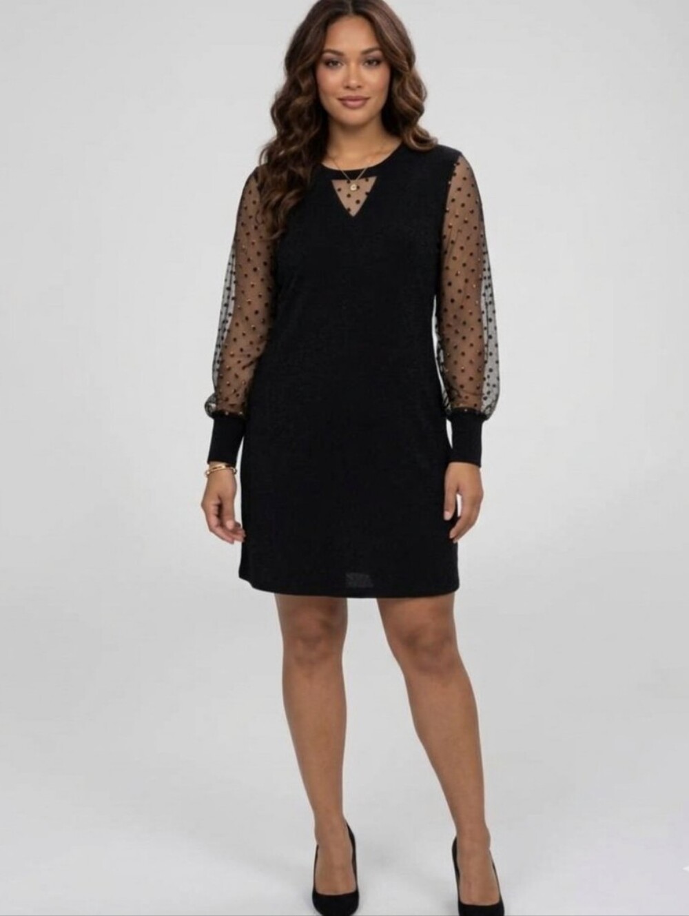 Sparkle and Sheer Polka Dot Sleeve Black Stretchy Dress